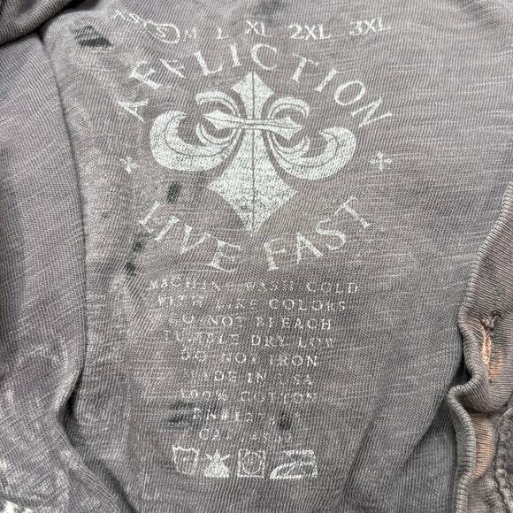 Affliction Y2K Size S Henley Shirt Tee Gothic Rock Cross Distressed Velvet Gray - Picture 9 of 12